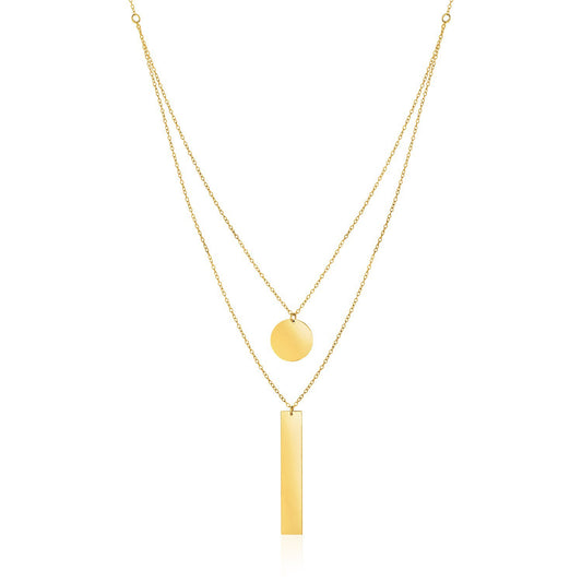 14k Yellow Gold 18 inch Two Strand Necklace with Circle and Bar Pendants - The Best Accessory