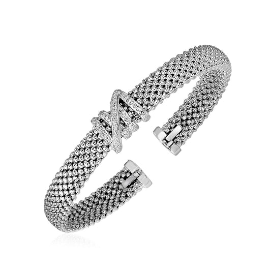 Popcorn Texture Cuff Bangle with Diamonds in Sterling Silver (8.00 mm) - The Best Accessory