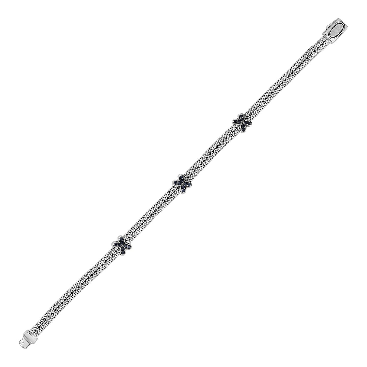 Woven Rope Bracelet with Black Sapphire X Accents in Sterling Silver - The Best Accessory