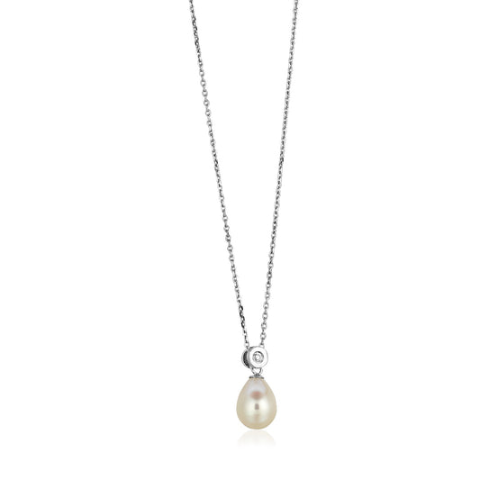 Sterling Silver Necklace with Pear Shaped Pearl and Cubic Zirconias - The Best Accessory