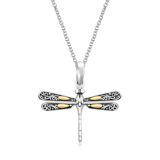 18k Yellow Gold and Sterling Silver Pendant in a Dragonfly Design - The Best Accessory