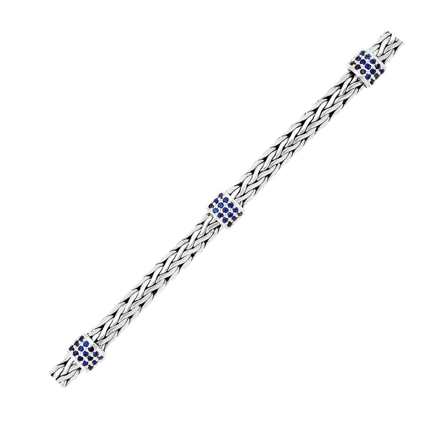 Sterling Silver Woven Bracelet with Blue Sapphire Stations (6.35 mm) - The Best Accessory