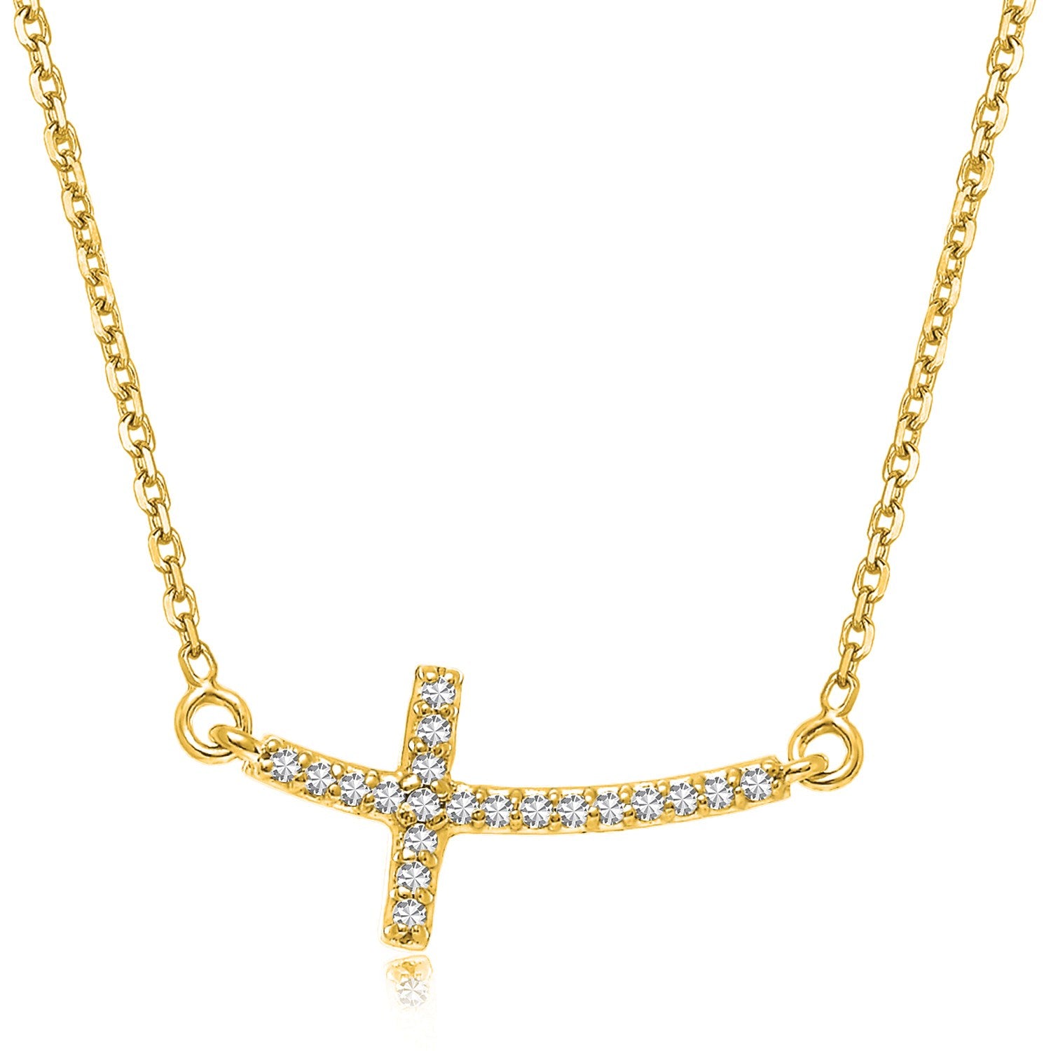 14k Yellow Gold Diamond Accented Curved Cross Necklace (.11cttw) - The Best Accessory