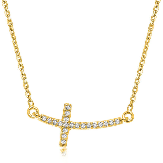 14k Yellow Gold Diamond Accented Curved Cross Necklace (.11cttw) - The Best Accessory