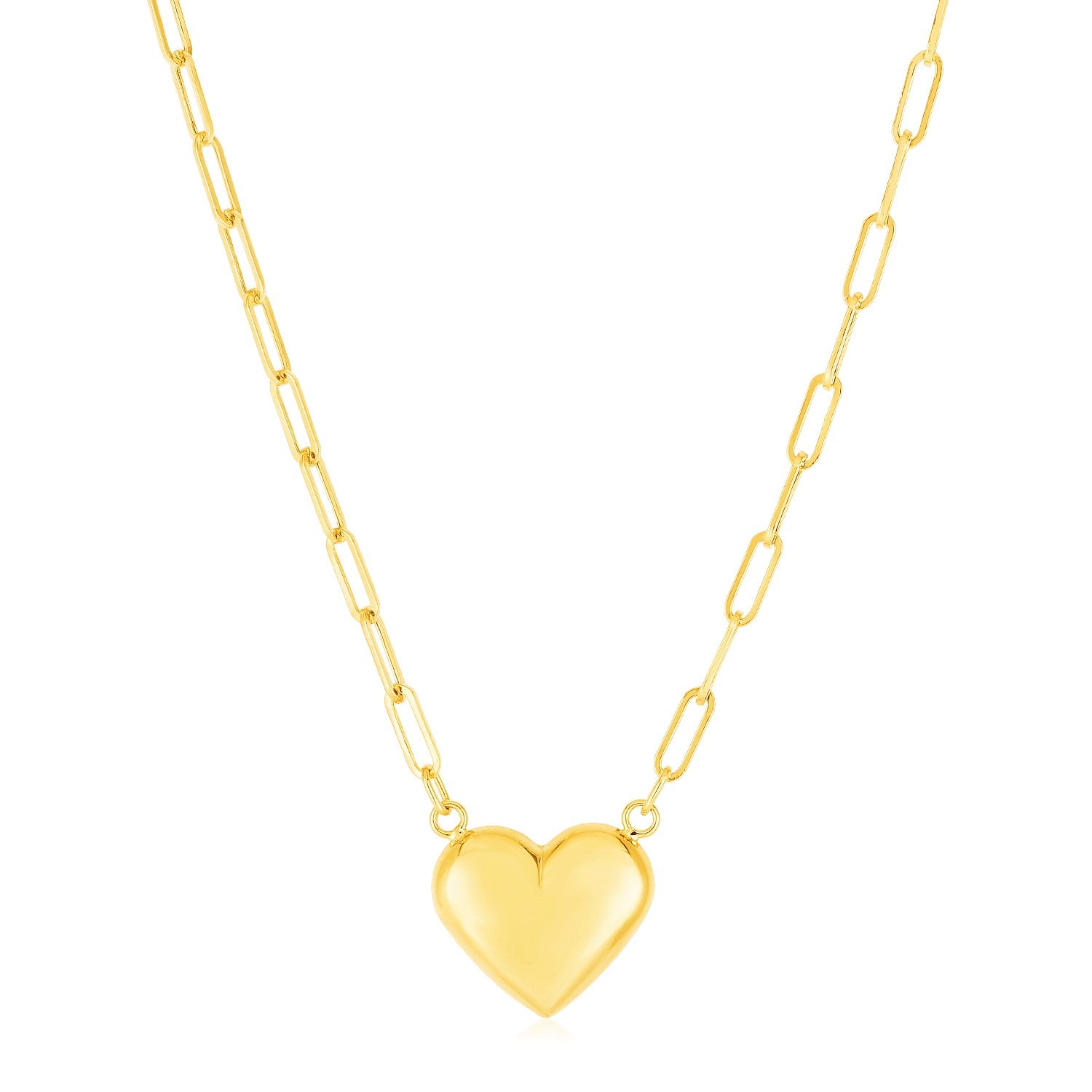 14k Yellow Gold Paperclip Chain Necklace with Puffed Heart - The Best Accessory