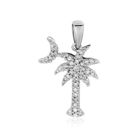 Sterling Silver Palm Tree and Crescent Moon Pendant with Cubic Zirconias - The Best Accessory