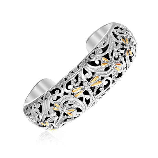 18k Yellow Gold & Sterling Silver Diamond Accent Dragonfly Cuff Bangle (19.00 mm) - The Best Accessory