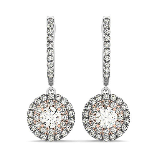14k White And Rose Gold Drop Diamond Earrings with a Halo Design (3/4 cttw) - The Best Accessory