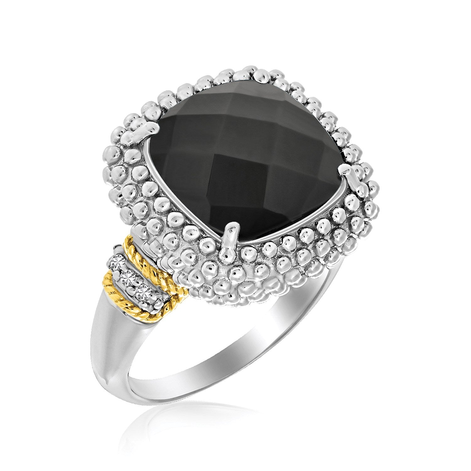 18k Yellow Gold & Sterling Silver Black Onyx and Diamond Popcorn Cushion Ring - The Best Accessory