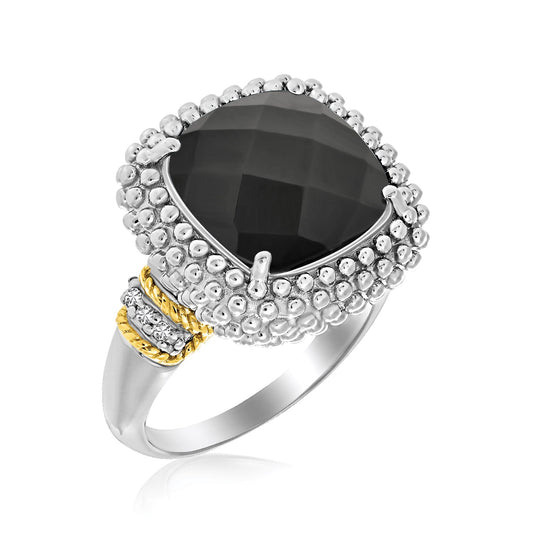 18k Yellow Gold & Sterling Silver Black Onyx and Diamond Popcorn Cushion Ring - The Best Accessory
