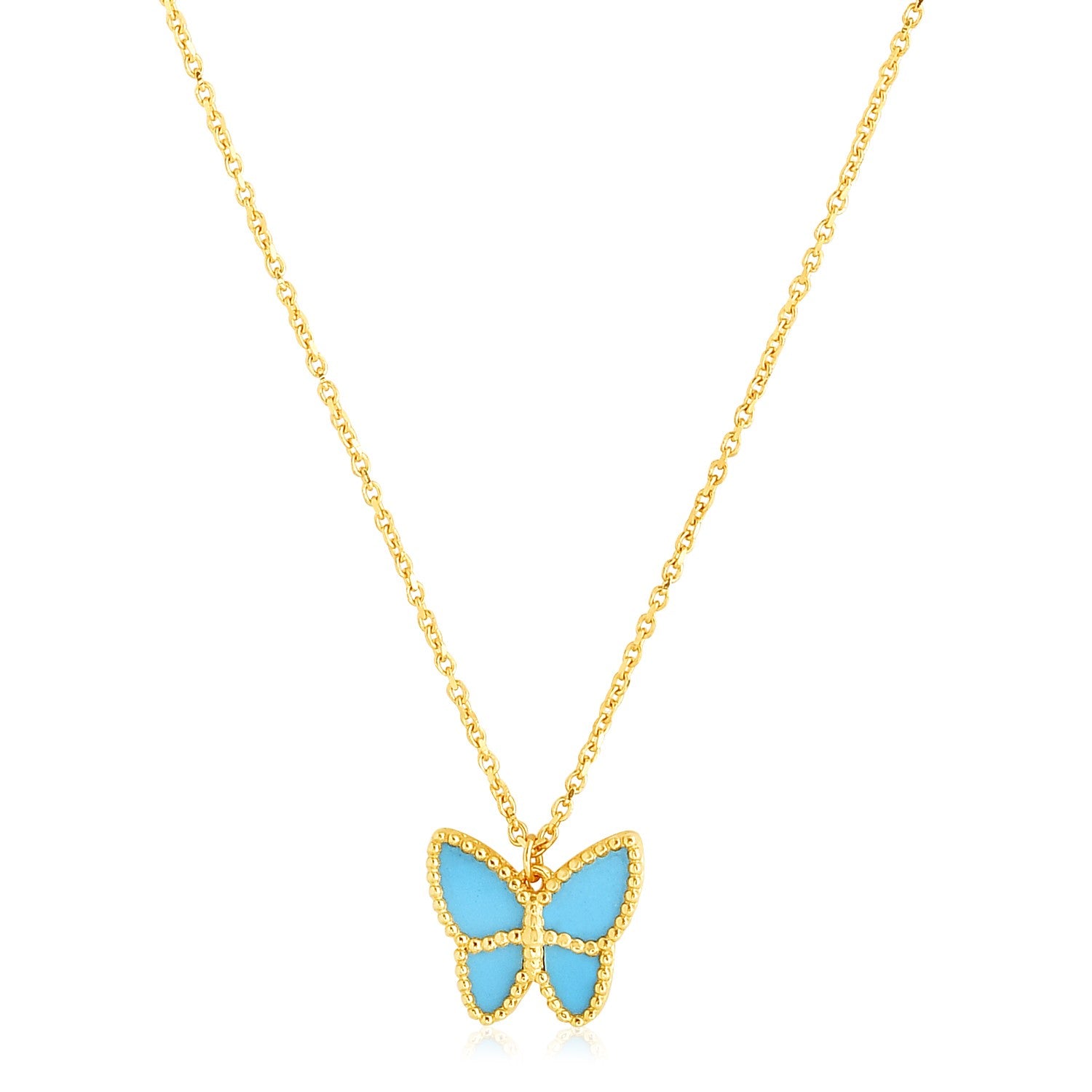 14k Yellow Gold High Polish Butterfly Turquoise Paste Necklace - The Best Accessory