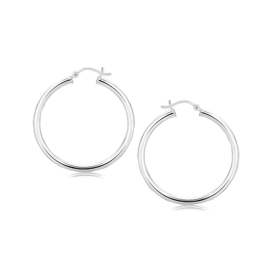 Sterling Silver Rhodium Plated Polished Motif Hoop Earrings (3x35mm) - The Best Accessory