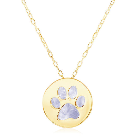 14k Yellow Gold Necklace with Dog Paw Print Symbol in Mother of Pearl - The Best Accessory