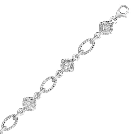 Sterling Silver Cable Oval and Square Link Bracelet with Diamonds (1/4 cttw) - The Best Accessory