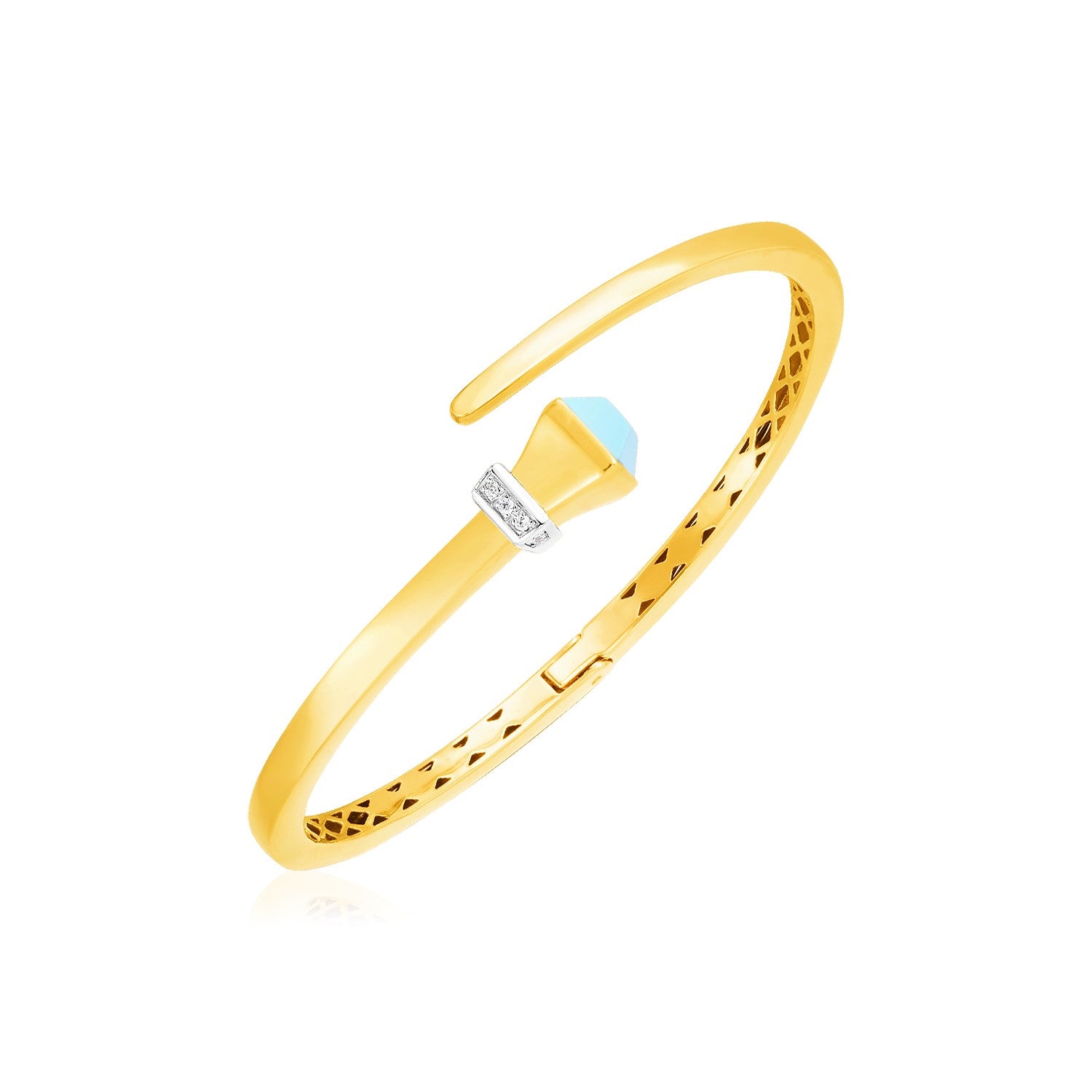 14k Yellow Gold Crossover Style Hinged Bangle Bracelet with Turquoise and Diamonds (3.40 mm) - The Best Accessory