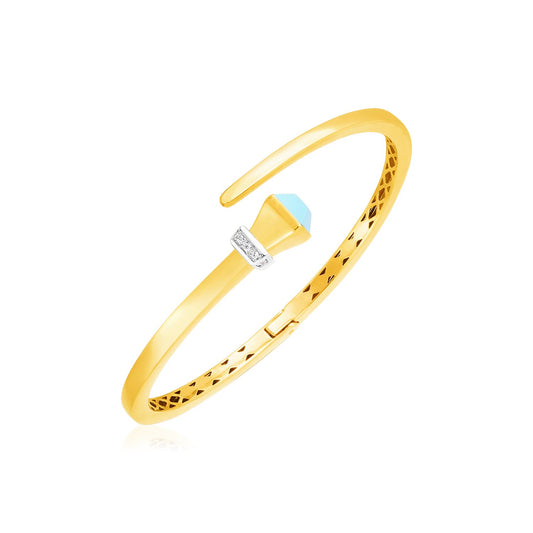 14k Yellow Gold Crossover Style Hinged Bangle Bracelet with Turquoise and Diamonds (3.40 mm) - The Best Accessory