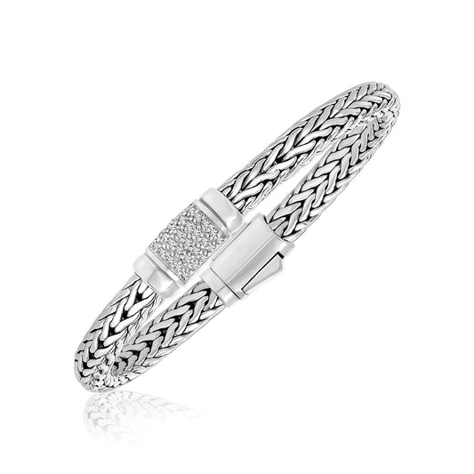Sterling Silver Weave Motif Bracelet with White Sapphire Accents (6.35 mm) - The Best Accessory