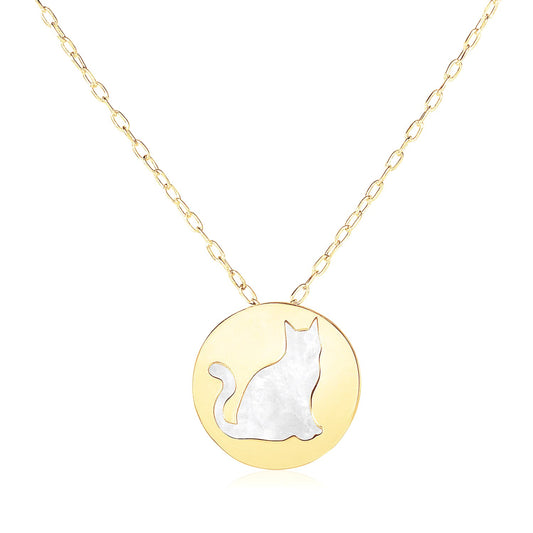 14k Yellow Gold Necklace with Cat Symbol in Mother of Pearl - The Best Accessory