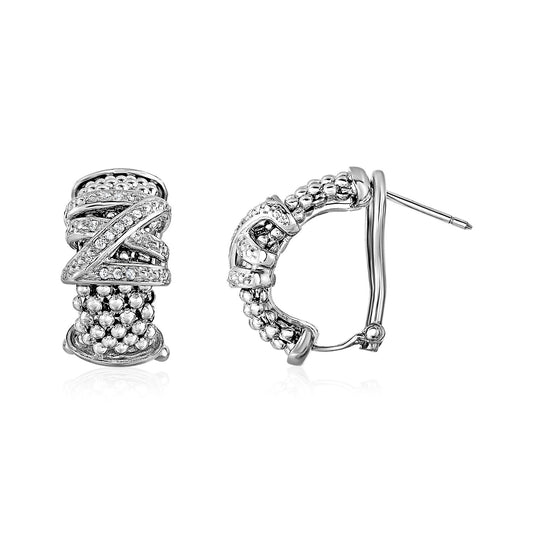 Popcorn Texture Earrings with Crossover Motif and Diamonds in Sterling Silver - The Best Accessory