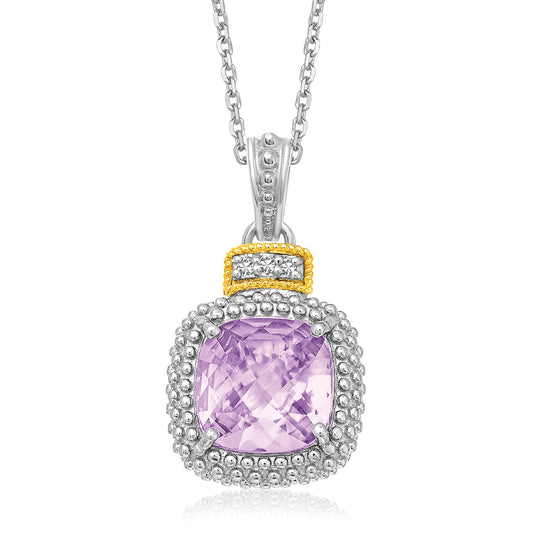 18k Yellow Gold & Sterling Silver Cushion Amethyst and Diamond Pendant - The Best Accessory