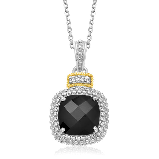 18k Yellow Gold & Sterling Silver Popcorn Cushion Black Onyx and Diamond Pendant - The Best Accessory