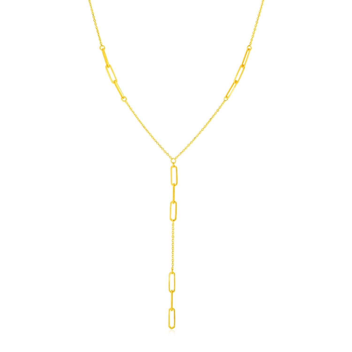 14K Yellow Gold Lariat Necklace with Paperclip Chain Stations - The Best Accessory