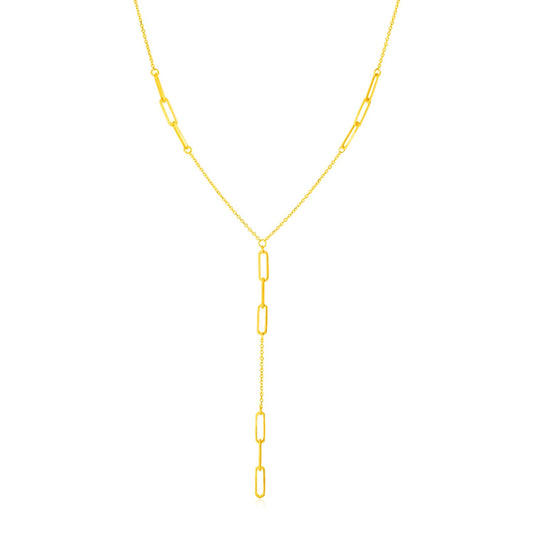 14K Yellow Gold Lariat Necklace with Paperclip Chain Stations - The Best Accessory