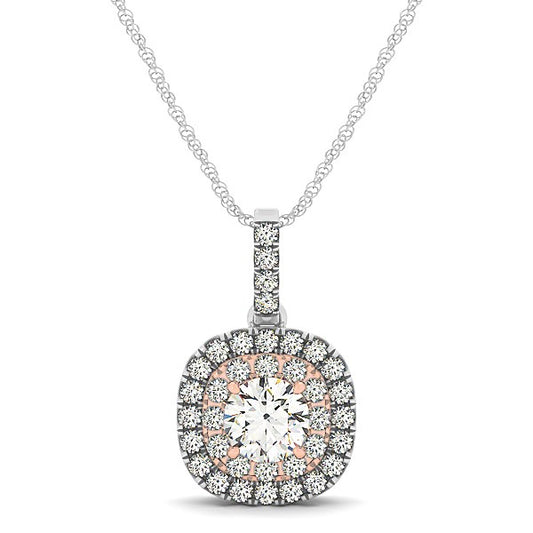 14k White And Rose Gold Cushion Shape Halo Diamond Pendant (1/2 cttw) - The Best Accessory
