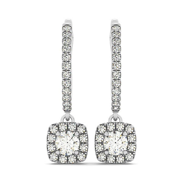 Cushion Shape Halo Style Diamond Drop Earrings in 14k White Gold (1/2 cttw) - The Best Accessory