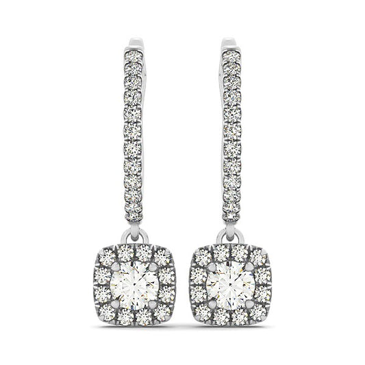 Cushion Shape Halo Style Diamond Drop Earrings in 14k White Gold (1/2 cttw) - The Best Accessory