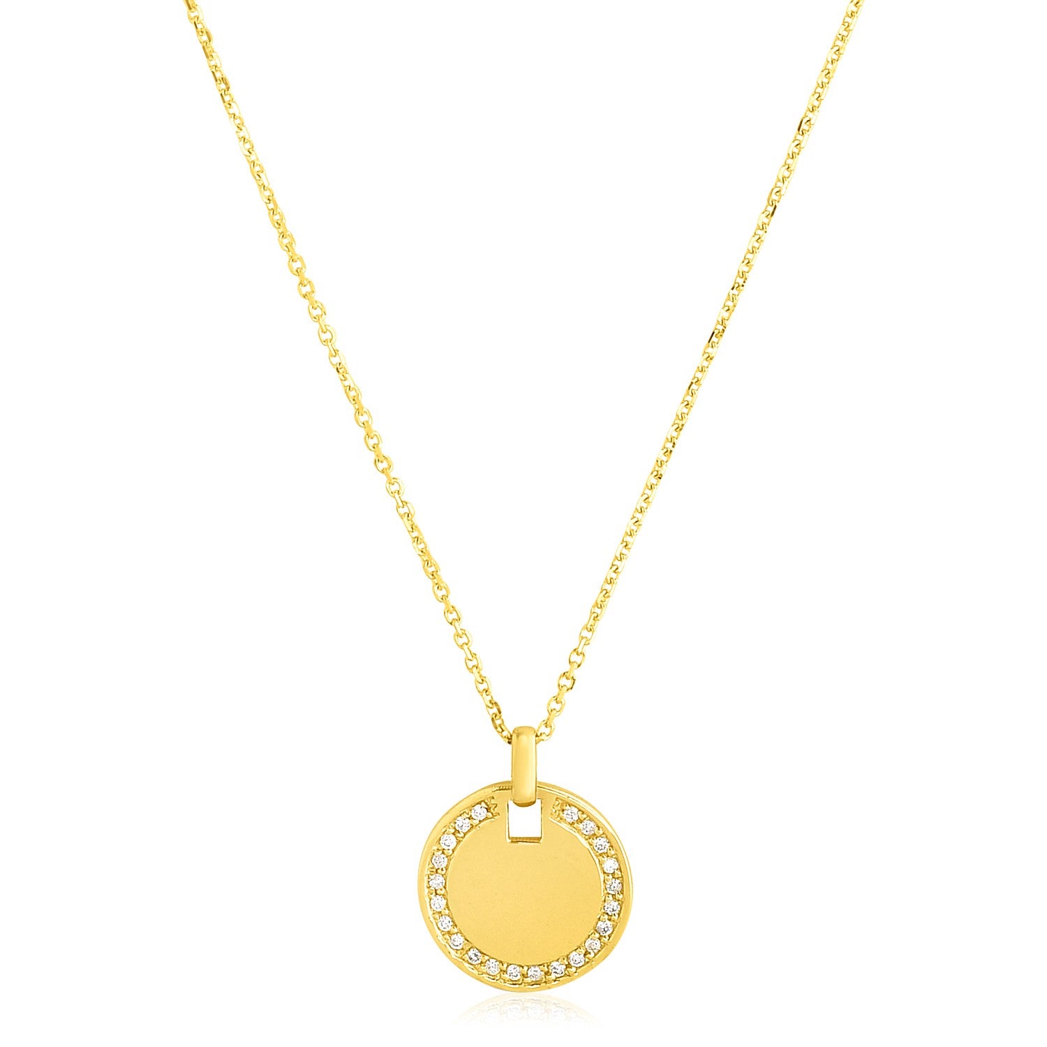 14k Yellow Gold High Polish Diamond Round Disc Tag Necklace - The Best Accessory