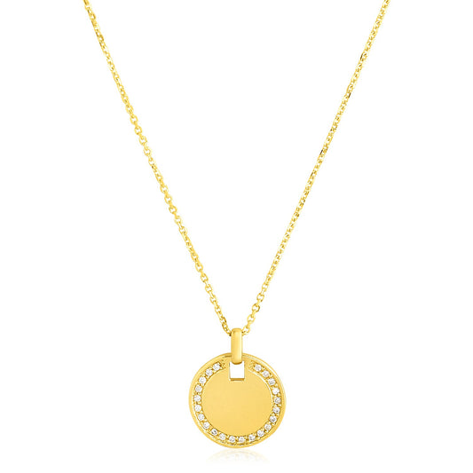 14k Yellow Gold High Polish Diamond Round Disc Tag Necklace - The Best Accessory