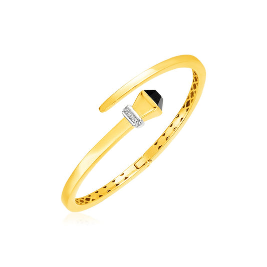 14k Yellow Gold Crossover Style Hinged Bangle Bracelet with Onyx and Diamonds (3.40 mm) - The Best Accessory