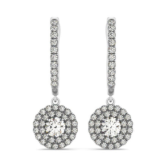 14k White Gold Double Halo Round Diamond Drop Earrings (1 cttw) - The Best Accessory