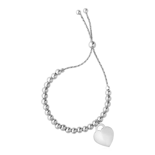 Adjustable Shiny Bead Bracelet with Heart Charm in Sterling Silver (1.30 mm) - The Best Accessory