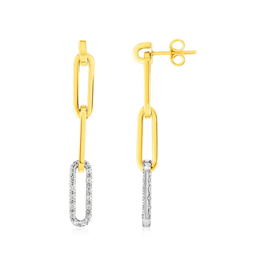 14k Yellow Gold Paperclip Chain Dangle Earrings with Diamonds - The Best Accessory