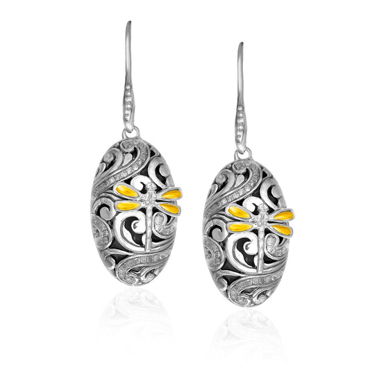18k Yellow Gold & Sterling Silver Diamond and Dragonfly Oval Earrings - The Best Accessory