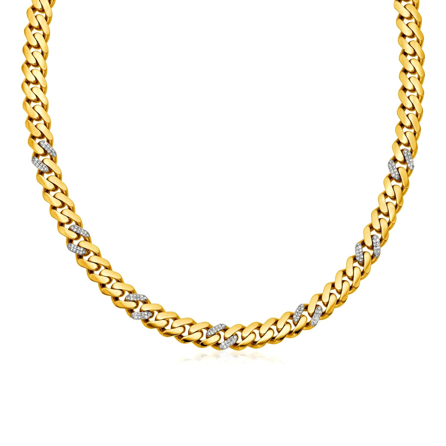 14k Yellow Gold 18 inch Polished Curb Chain Necklace with Diamonds - The Best Accessory
