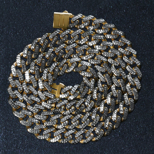 14k Two Tone Gold Miami Cuban Chain Necklace with White Pave - The Best Accessory