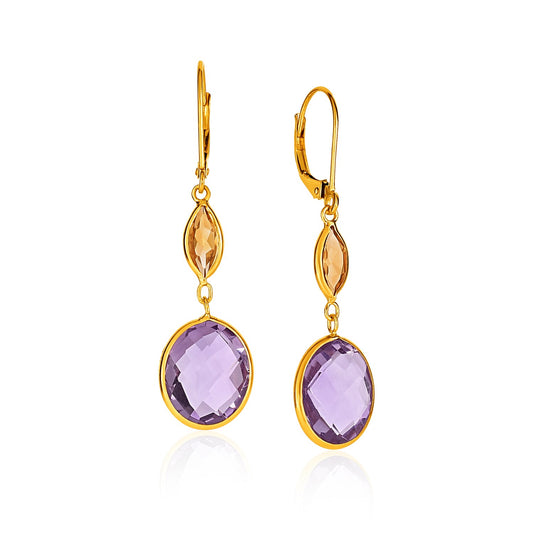 14k Yellow Gold Drop Earrings with Citrine and Amethyst Briolettes - The Best Accessory