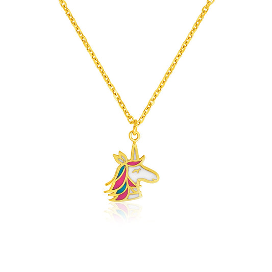 14k Yellow Gold Childrens Necklace with Enameled Unicorn Pendant - The Best Accessory