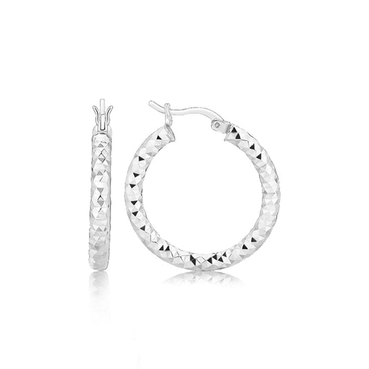 Sterling Silver Faceted Style Hoop Earrings with Rhodium Finishing(3x20mm) - The Best Accessory