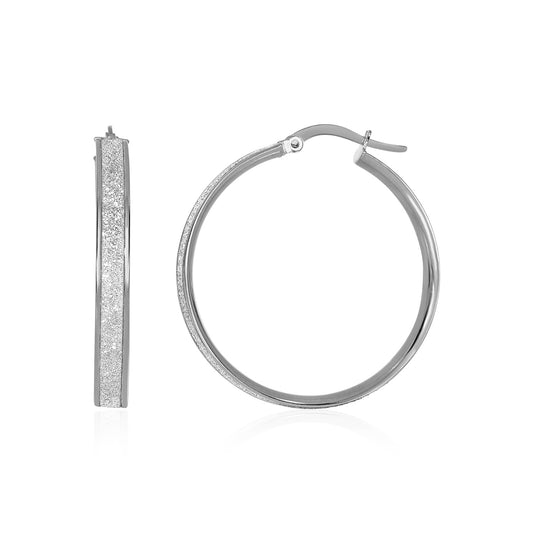 14k White Tone Gold Hoop Style Earrings with Center Glitter Look Design(4x30mm) - The Best Accessory