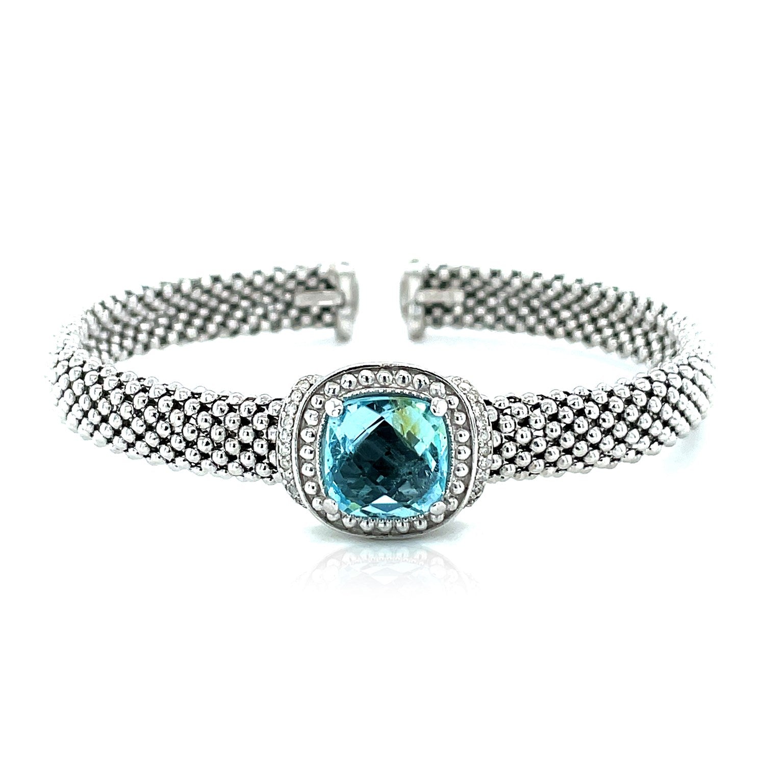 Popcorn Texture Cuff Bangle with Blue Topaz and Diamonds in Sterling Silver (8.00 mm) - The Best Accessory