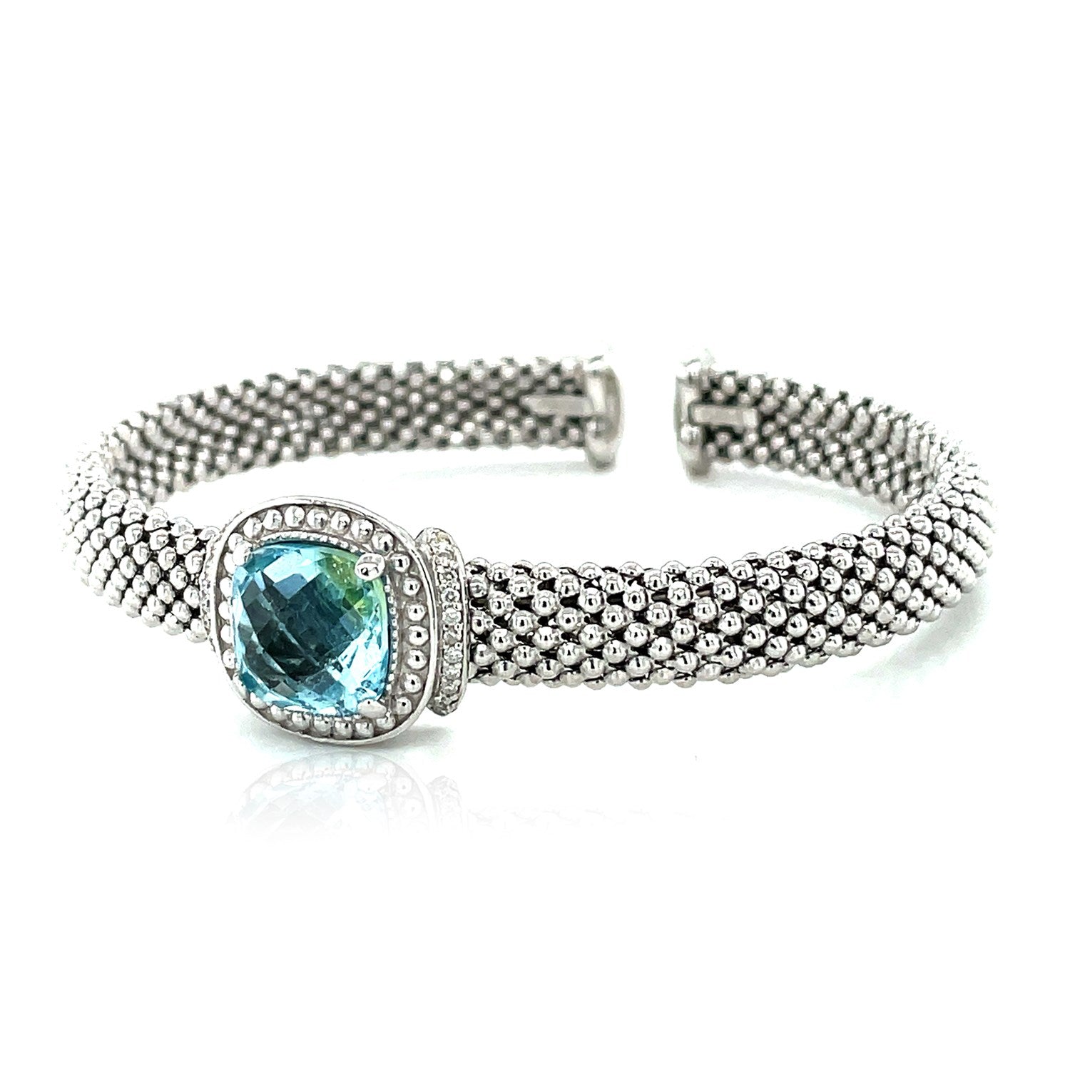 Popcorn Texture Cuff Bangle with Blue Topaz and Diamonds in Sterling Silver (8.00 mm) - The Best Accessory