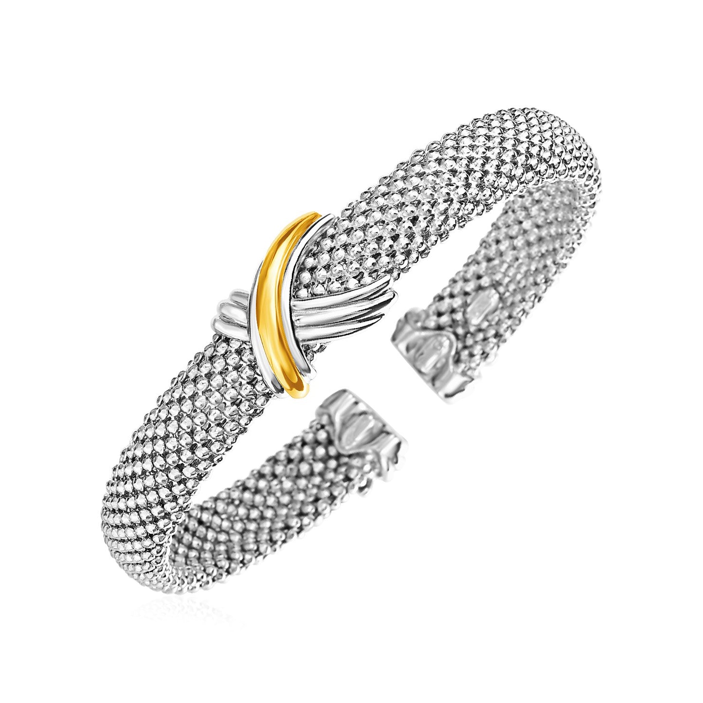 Popcorn Texture Cuff Bangle with X Motif in Sterling Silver and 18k Yellow Gold (10.00 mm) - The Best Accessory