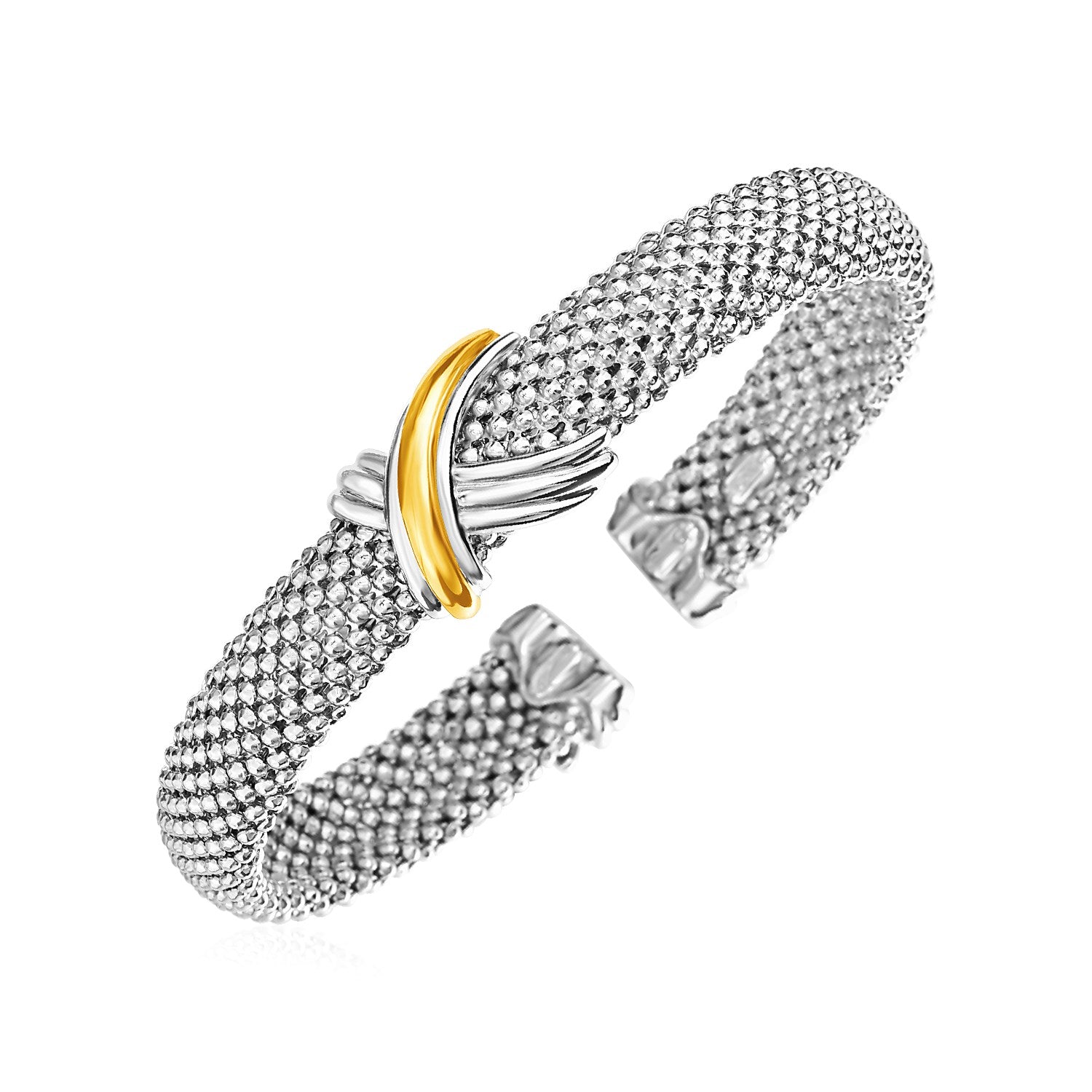 Popcorn Texture Cuff Bangle with X Motif in Sterling Silver and 18k Yellow Gold (10.00 mm) - The Best Accessory