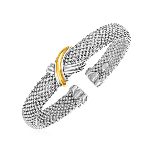 Popcorn Texture Cuff Bangle with X Motif in Sterling Silver and 18k Yellow Gold (10.00 mm) - The Best Accessory