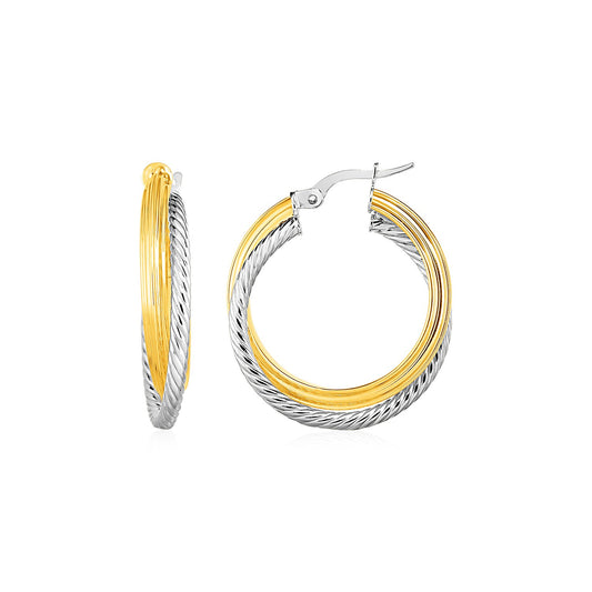 Two Part Textured and Shiny Hoop Earrings in 14k Yellow and White Gold(4x20mm) - The Best Accessory