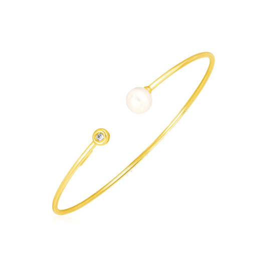 14k Yellow Gold Cuff Bangle with Pearl and Diamond (3.00 mm) - The Best Accessory